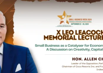 Flyer featuring Allen Chastanet and Leo Leacock promoting Caribbean small business empowerment at the 10th Annual Memorial Lecture in Barbados.