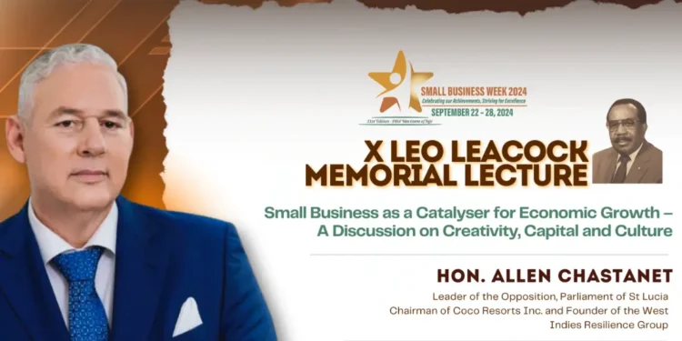 Flyer featuring Allen Chastanet and Leo Leacock promoting Caribbean small business empowerment at the 10th Annual Memorial Lecture in Barbados.