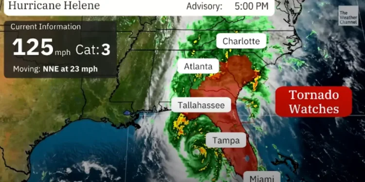 Hurricane Helene intensifies to near Category 4, threatening the U.S. Southeast coast. Image credit: The Weather Channel.