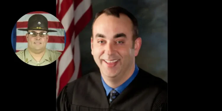 Judge Kevin Mullins in a black robe and Sheriff Shawn M. Stines in uniform, related to the Kentucky Sheriff Charged with Murder of Judge Kevin Mullins case.