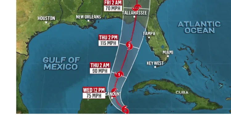 Map showing the path of Tropical Storm Helene intensifies, projected to make landfall in Florida as a major hurricane with potential impacts along the Gulf Coast.