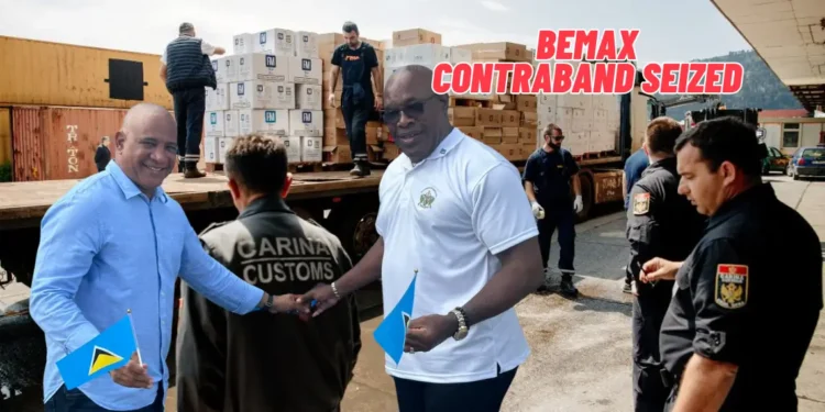 Customs agents seizing Bemax smuggled contraband in Europe amid Saint Lucia investment scandal investigation.