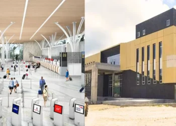 Saint Lucia stalled progress: side-by-side image of St. Jude Hospital and the proposed 3D design of Hewanorra Airport departure area.