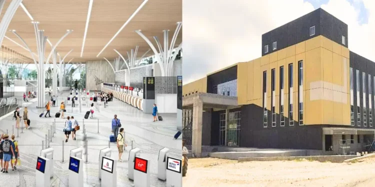 Saint Lucia stalled progress: side-by-side image of St. Jude Hospital and the proposed 3D design of Hewanorra Airport departure area.