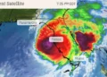 Satellite image of Hurricane Milton as of 7 PM, showing the storm's powerful rotation and path toward Florida. Hurricane Milton Advisory 5 PM update.