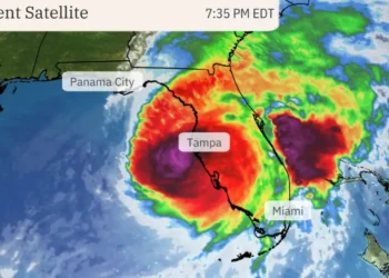 Satellite image of Hurricane Milton as of 7 PM, showing the storm's powerful rotation and path toward Florida. Hurricane Milton Advisory 5 PM update.