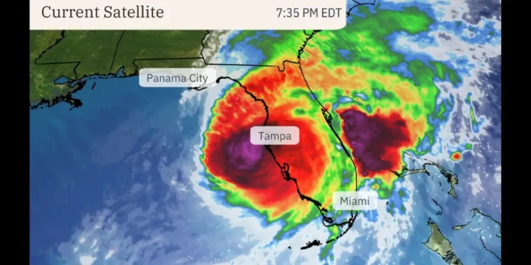 Satellite image of Hurricane Milton as of 7 PM, showing the storm's powerful rotation and path toward Florida. Hurricane Milton Advisory 5 PM update.