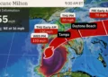 The red-shaded area showing Hurricane Milton landfall path with potential cyclone impacts, including rain, winds, and coastal flooding. Credit: Weather.com.