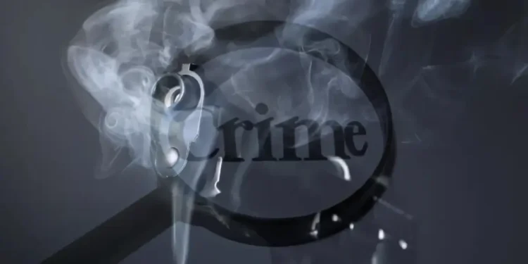 A smoking gun barrel with the word "Crime" overlayed, representing the recent shooting in Bisee Castries that left two men injured