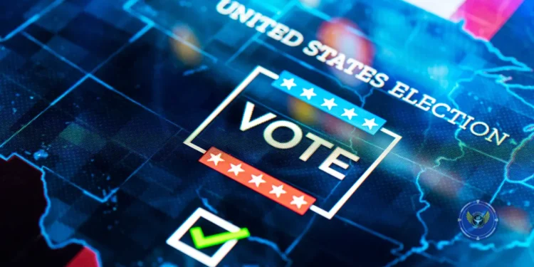 Digital display highlighting the 2024 US Presidential Election with the word 'Vote' in bold, representing the nationwide election process.