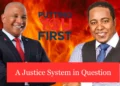 Image of Ernest Hilaire and his attorney Thaddeus Antoine, with text overlay 'A Justice System in Question,' highlighting allegations of Saint Lucia judiciary corruption.