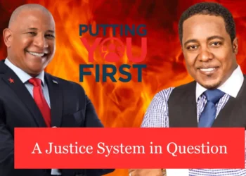 Image of Ernest Hilaire and his attorney Thaddeus Antoine, with text overlay 'A Justice System in Question,' highlighting allegations of Saint Lucia judiciary corruption.