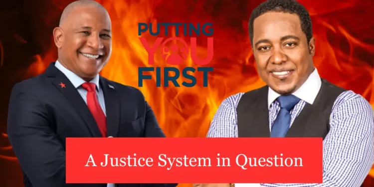 Image of Ernest Hilaire and his attorney Thaddeus Antoine, with text overlay 'A Justice System in Question,' highlighting allegations of Saint Lucia judiciary corruption.
