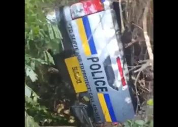 Wrecked police vehicle from a police road accident in St Lucia, showing the aftermath of the crash near Balembouche.