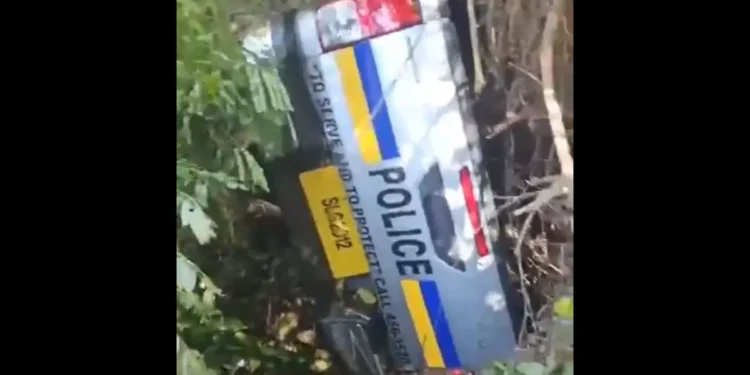 Wrecked police vehicle from a police road accident in St Lucia, showing the aftermath of the crash near Balembouche.