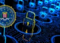 FBI encrypted messaging warning depicted with digital locks on a circuit board, emphasizing the importance of secure communications.