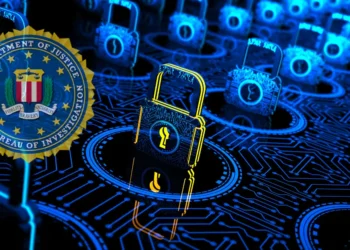 FBI encrypted messaging warning depicted with digital locks on a circuit board, emphasizing the importance of secure communications.