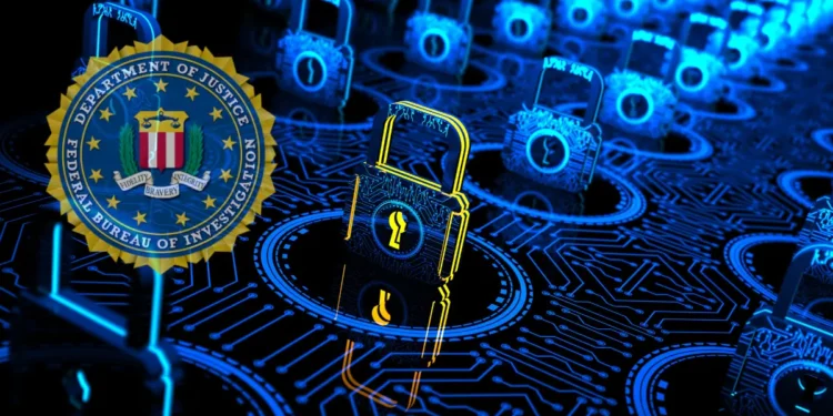 FBI encrypted messaging warning depicted with digital locks on a circuit board, emphasizing the importance of secure communications.