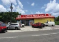 Front view of TJ's Ultra Mart in Corinth, Saint Lucia, near the site of the Corinth shooting under police investigation for gun violence.