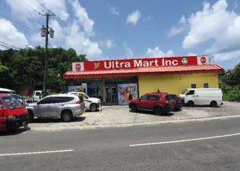 Front view of TJ's Ultra Mart in Corinth, Saint Lucia, near the site of the Corinth shooting under police investigation for gun violence.