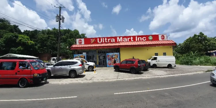 Front view of TJ's Ultra Mart in Corinth, Saint Lucia, near the site of the Corinth shooting under police investigation for gun violence.
