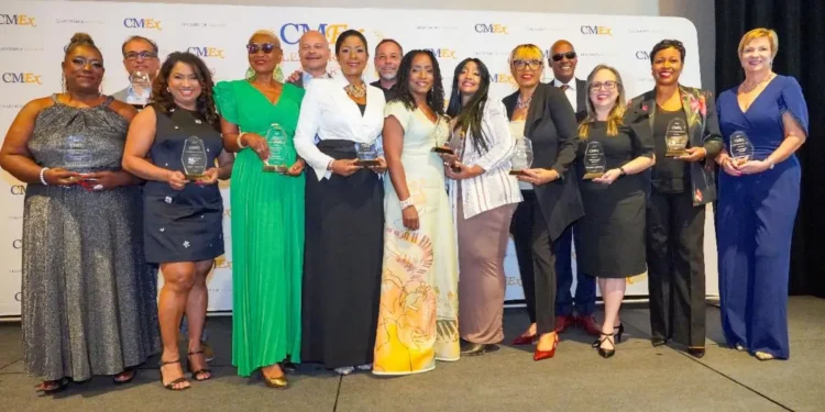 Honorees at the CMEx Caribbean Leadership Awards proudly display their accolades, celebrating achievements in tourism and leadership.
