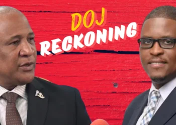 Image of Ernest Hilaire and McClaude Emmanuel with the text 'DOJ Reckoning' against a red wooden background, highlighting the Hilaire CIP scandal and DOJ investigation.