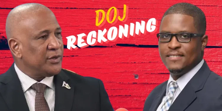 Image of Ernest Hilaire and McClaude Emmanuel with the text 'DOJ Reckoning' against a red wooden background, highlighting the Hilaire CIP scandal and DOJ investigation.