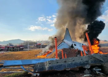 Jeju Air Boeing 737-800 engulfed in flames after the South Korea plane crash at Muan International Airport, with emergency crews on-site.
