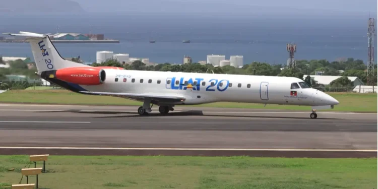 LIAT Antigua-Kingston route aircraft preparing for takeoff in St. Kitts, enhancing Caribbean travel connectivity.