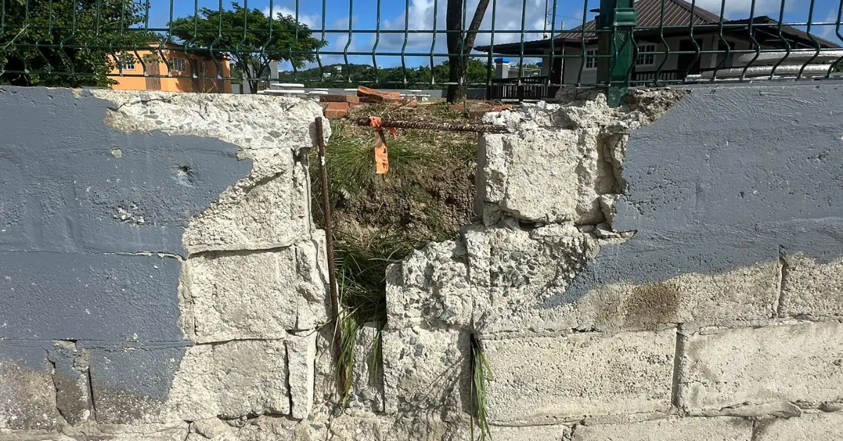Large crack and structural failure in Gros Islet park infrastructure, emphasizing poor construction quality Large crack and structural failure in Gros Islet park infrastructure, emphasizing poor construction quality