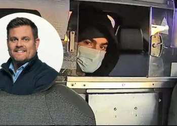 Luigi Mangione, the person of interest in the UnitedHealthcare CEO shooting, sits in police custody, alongside an inset portrait of Brian Thompson.