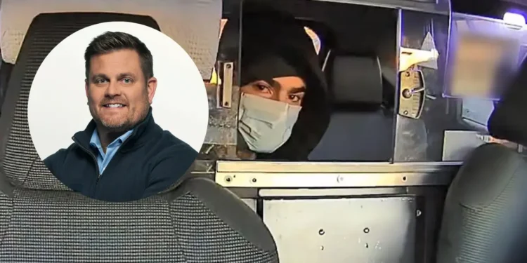 Luigi Mangione, the person of interest in the UnitedHealthcare CEO shooting, sits in police custody, alongside an inset portrait of Brian Thompson.