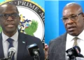 Side-by-side images of Philip J. Pierre and Richard Frederick during separate pre-cabinet briefings amid Saint Lucia crime and corruption crisis.