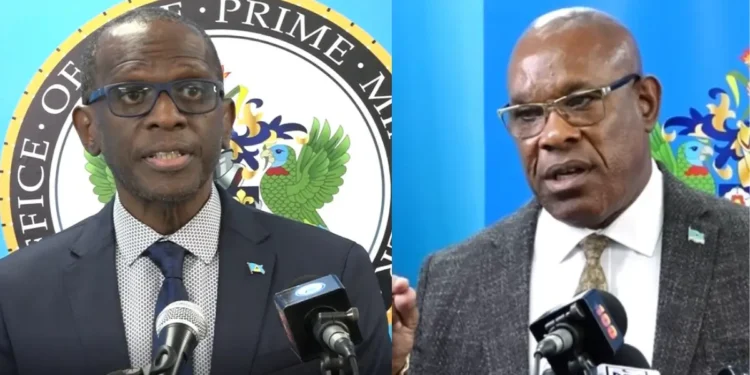 Side-by-side images of Philip J. Pierre and Richard Frederick during separate pre-cabinet briefings amid Saint Lucia crime and corruption crisis.