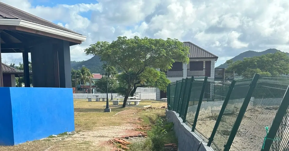 Tilted fencing and crumbled concrete at Gros Islet park, illustrating the consequences of substandard workmanship. Tilted fencing and crumbled concrete at Gros Islet park, illustrating the consequences of substandard workmanship.