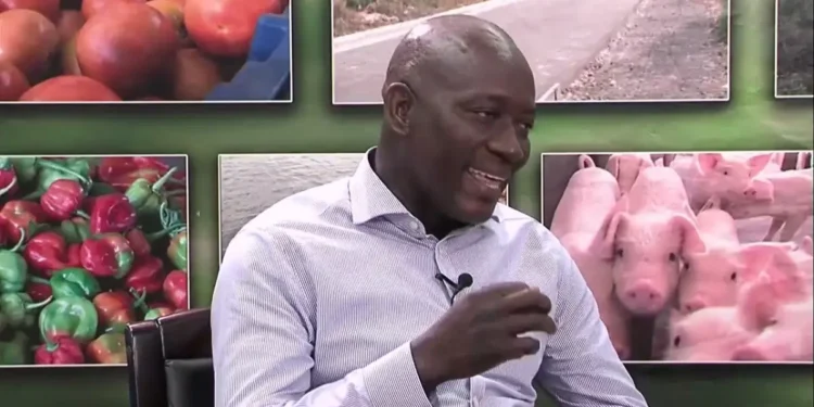 Alfred Prospere Faces Backlash as he speaks with photos of pigs and vegetables in the background.