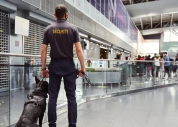 Back view of a security officer with a police dog at an airport terminal, representing enhanced safety measures and 2025 travel requirements.