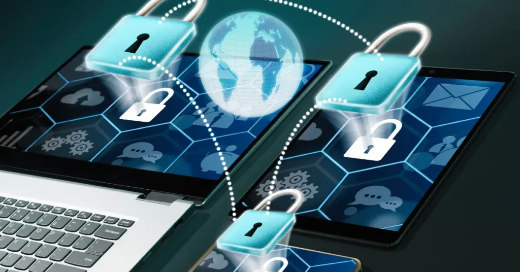 Debates Intensify as TikTok Shutdown Looms Over Security Risks Digital security concept with padlocks and devices, highlighting data privacy as TikTok shutdown looms over security concerns