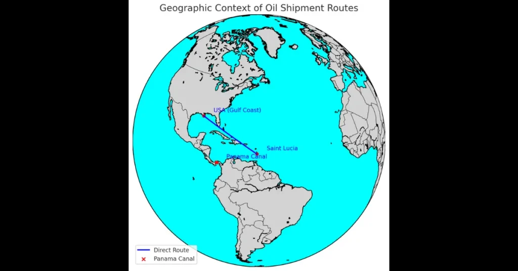 Panama Canal Oil Excuse Sparks Backlash Against Philip Pierre Globe visualization showing the Panama Canal and the direct oil shipment route to Saint Lucia, central to the Panama Canal Oil Excuse.