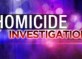 Graphic displaying 'Homicide Investigation' with vibrant lights, highlighting the Soufriere homicide under investigation in Saint Lucia.