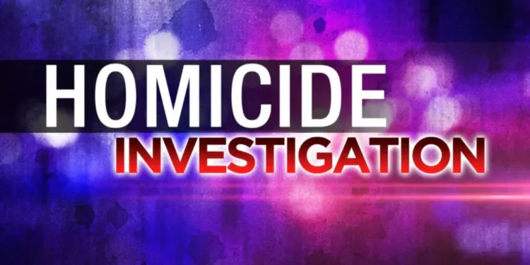 Graphic displaying 'Homicide Investigation' with vibrant lights, highlighting the Soufriere homicide under investigation in Saint Lucia.