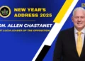 Hon. Allen Chastanet national address 2025 announcement, featuring the Saint Lucia Opposition Leader with bold text highlighting New Year’s Address 2025 and the official Opposition Office logo