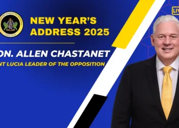 Hon. Allen Chastanet national address 2025 announcement, featuring the Saint Lucia Opposition Leader with bold text highlighting New Year’s Address 2025 and the official Opposition Office logo