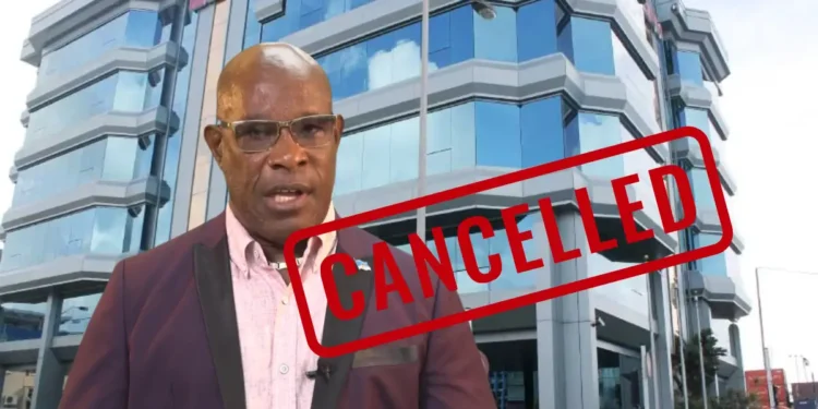 Image of Richard Frederick with a 'Cancelled' stamp overlay, referencing the Richard Frederick bank account closure controversy involving the Bank of Saint Lucia.