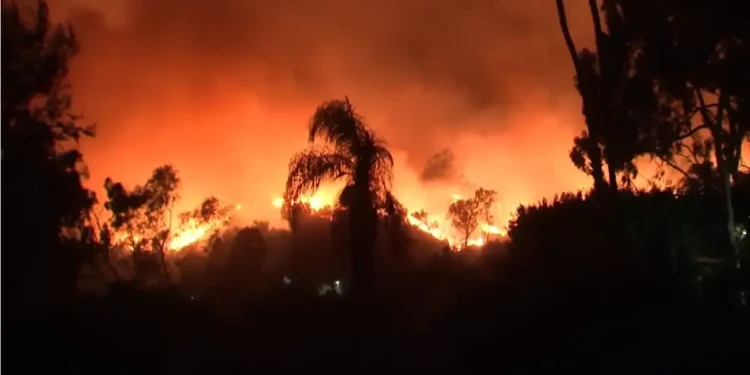 Los Angeles wildfires blaze fiercely at night, fueled by intense Santa Ana winds, engulfing Pacific Palisades in flames and smoke
