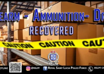 Stock image depicting Saint Lucia drug seizure firearms, ammunition, and drugs recovery represented with caution tape and storage boxes. Image courtesy of RSLPF.