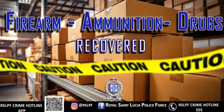Stock image depicting Saint Lucia drug seizure firearms, ammunition, and drugs recovery represented with caution tape and storage boxes. Image courtesy of RSLPF.