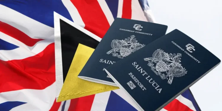 UK flag alongside Saint Lucian passports representing the new UK Electronic Travel Authorization requirement for Saint Lucians.