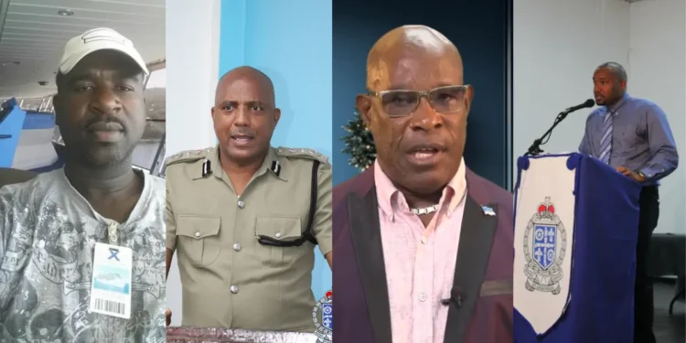 Yann Gustave, Verne Garde, Richard Frederick, and Harvey Taliam amid SLP government backlash over favoritism and victimization.